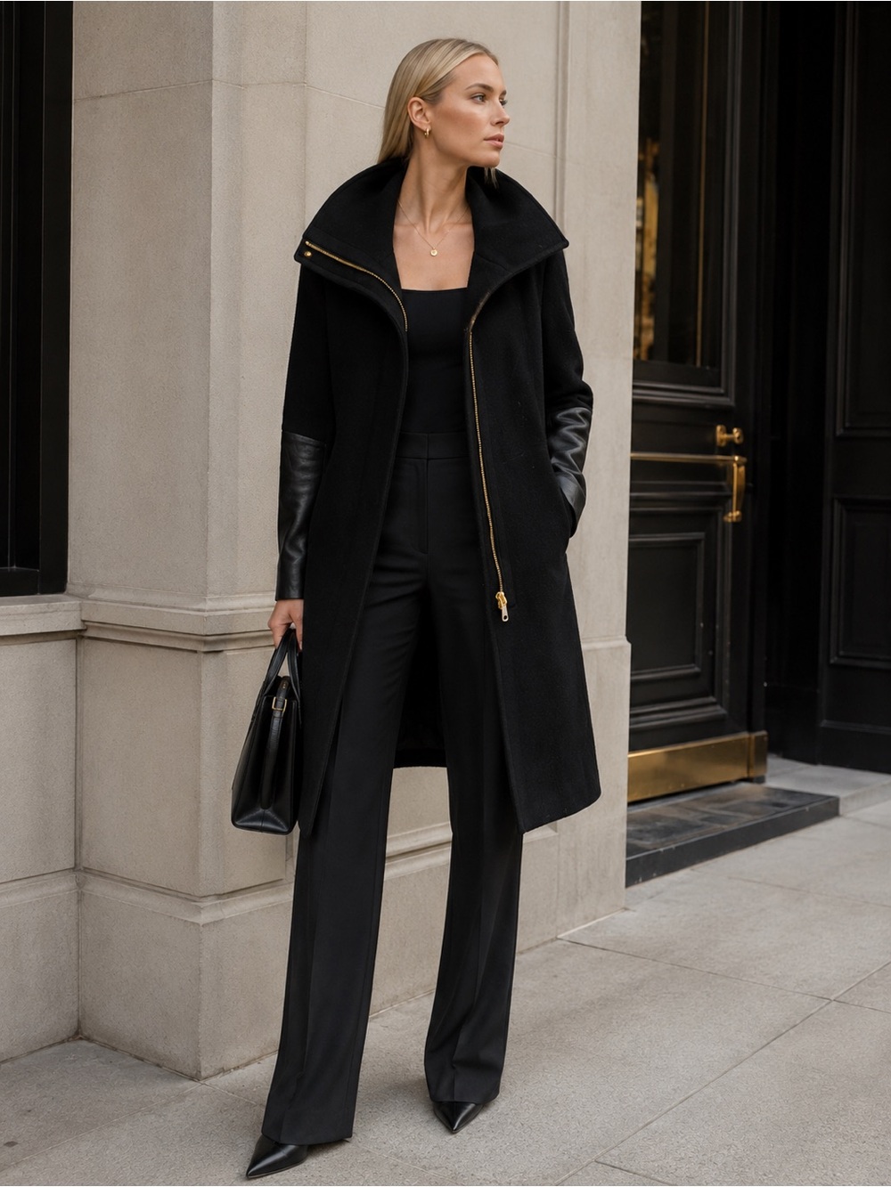 Club Monaco Black Wool Pea Coat with Leather-Trim Sleeves